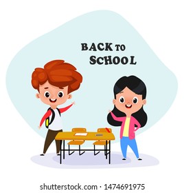 Happy children at school desk. Kids at school in class. Back to school concept