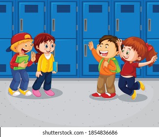 Happy children at school hallway illustration