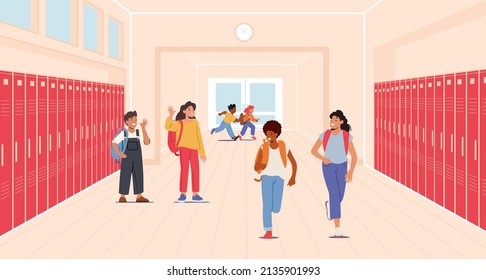 Happy Children in School Hallway Interior. Back to School Concept, Happy Group of Kids, White Girls, Asian and Black Boys Characters Have Fun in Hall with Lockers. Cartoon People Vector Illustration