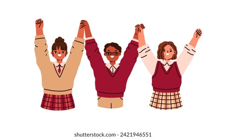 Happy children, school students holding hands, arms up, celebrating victory. Excited smiling kids pupils in uniform, success celebration. Flat graphic vector illustration isolated on white background