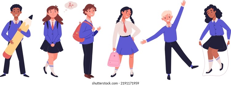 Happy children in school uniform with backpacks in class. Boys and girls multiethnic classmates go back to school. Kids playing, standing in different poses set. Cartoon vector illustration collection