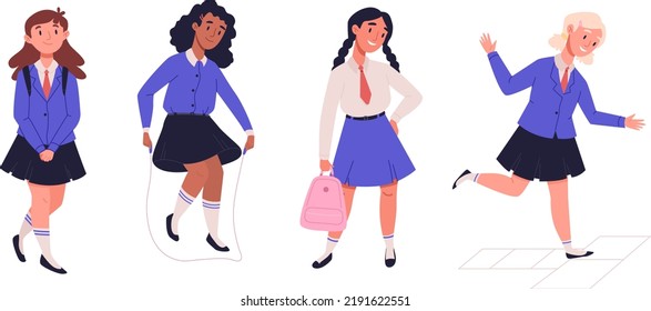 Happy children in school uniform with backpacks in class. Girls multiethnic classmates go back to school. Kids playing hopscotch, jumping, standing in different poses set. Cartoon vector illustration 