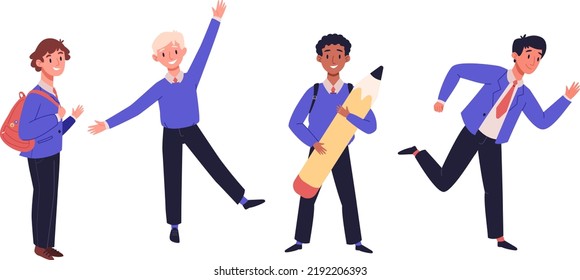 Happy children in school uniform with backpacks in class. Boys multiethnic classmates go back to school. Kids playing, standing in different poses set. Cartoon vector illustration banner