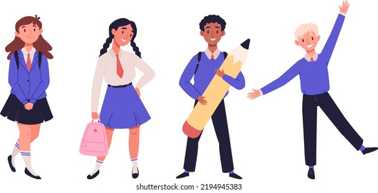 Niños felices con uniforme escolar con mochilas en clase. Niños y niñas compañeros de clase multiétnicos vuelven a la escuela. Niños jugando, parados en diferentes poses. Colección de ilustraciones vectoriales de dibujos animados