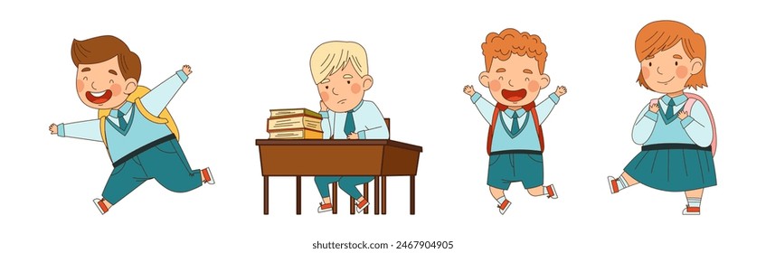 Happy Children in School Uniform in Class Vector Set