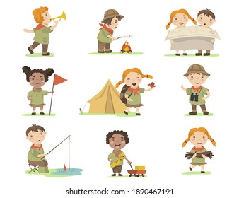 Happy children in scout costumes flat set for web design. Cartoon girls and boys camping on nature isolated vector illustration collection. Hiking and adventure concept