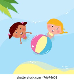 Happy children in the sea. Vector Illustration.