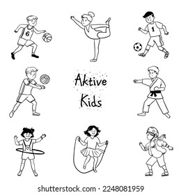 Happy children set illustration play sports game, physical exercise. Soccer, baseball, football, karate. Active, healthy childhood. Line vector graphic, single on white background.