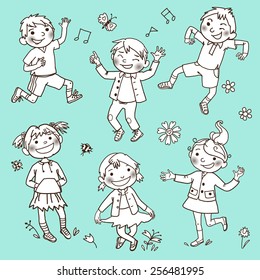 Happy children Set. Monochrome. black outline. Children illustration for School books, advertising, magazines and more. Separate / Isolated Objects. VECTOR.