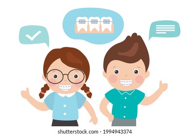 Happy children show thumbs up. Boy and girl shows bracket system. Smiling teenagers isolated on white background. Kids wears dental braces. Orthodontic treatment, stomatology. Flat vector illustration