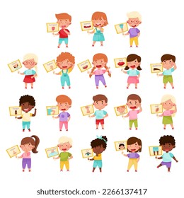 Happy Children Showing Cards with Body Part Vector Set