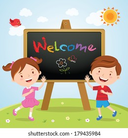 Happy children with a sign board. Welcome to school.