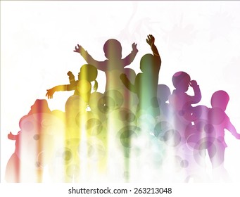 happy children silhouettes dancing together