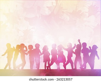 happy children silhouettes dancing together