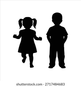 Glückliche Kinder Silhouetten, die zusammen springen und tanzen, spielerische Kinderaktivität, Kinderfreude, Bildungskonzept, einzelne Vektorgrafik. Kinder, die Silhouetten springen, einzeln auf weißem Hintergrund, Vektor. Fröhlich springende Kinder Silhouetten einzeln auf weißem Hintergrund, Vektor.