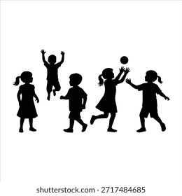 Glückliche Kinder Silhouetten, die zusammen springen und tanzen, spielerische Kinderaktivität, Kinderfreude, Bildungskonzept, einzelne Vektorgrafik. Kinder, die Silhouetten springen, einzeln auf weißem Hintergrund, Vektor. Fröhlich springende Kinder Silhouetten einzeln auf weißem Hintergrund, Vektor.