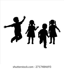 Happy children silhouettes jumping and dancing together, playful kids activity, childhood joy, education concept, isolated vector illustration. Kids jumping silhouettes isolated on white background, Vector. Joyful jumping children silhouettes isolated on white background, Vector.