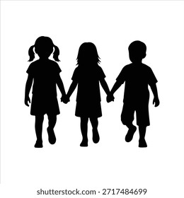 Happy children silhouettes jumping and dancing together, playful kids activity, childhood joy, education concept, isolated vector illustration. Kids jumping silhouettes isolated on white background, Vector. Joyful jumping children silhouettes isolated on white background, Vector.