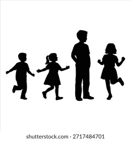 Glückliche Kinder Silhouetten, die zusammen springen und tanzen, spielerische Kinderaktivität, Kinderfreude, Bildungskonzept, einzelne Vektorgrafik. Kinder, die Silhouetten springen, einzeln auf weißem Hintergrund, Vektor. Fröhlich springende Kinder Silhouetten einzeln auf weißem Hintergrund, Vektor.