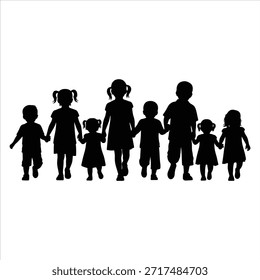 Glückliche Kinder Silhouetten, die zusammen springen und tanzen, spielerische Kinderaktivität, Kinderfreude, Bildungskonzept, einzelne Vektorgrafik. Kinder, die Silhouetten springen, einzeln auf weißem Hintergrund, Vektor. Fröhlich springende Kinder Silhouetten einzeln auf weißem Hintergrund, Vektor.