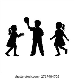 Glückliche Kinder Silhouetten, die zusammen springen und tanzen, spielerische Kinderaktivität, Kinderfreude, Bildungskonzept, einzelne Vektorgrafik. Kinder, die Silhouetten springen, einzeln auf weißem Hintergrund, Vektor. Fröhlich springende Kinder Silhouetten einzeln auf weißem Hintergrund, Vektor.