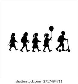 Glückliche Kinder Silhouetten, die zusammen springen und tanzen, spielerische Kinderaktivität, Kinderfreude, Bildungskonzept, einzelne Vektorgrafik. Kinder, die Silhouetten springen, einzeln auf weißem Hintergrund, Vektor. Fröhlich springende Kinder Silhouetten einzeln auf weißem Hintergrund, Vektor.