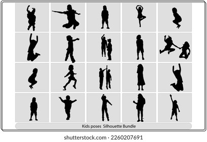 Happy children silhouettes on summer meadow running and jumping

