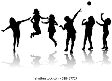 Happy children silhouettes playing