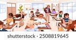 Happy children sit at desks in classroom. Young teacher helps, assist kids with learning in school class. Students study, reading, writing, fun and talk during lesson. Flat vector illustration
