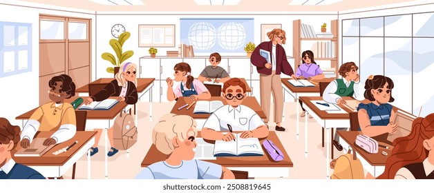 Happy children sit at desks in classroom. Young teacher helps, assist kids with learning in school class. Students study, reading, writing, fun and talk during lesson. Flat vector illustration