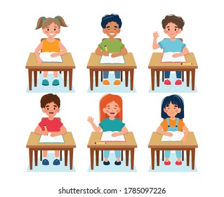 Happy children sitting in class, back to school concept, cute characters. Vector illustration in flat style