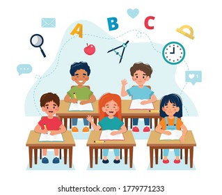 Happy children sitting in class at desks, back to school concept, cute characters. Vector illustration in flat style