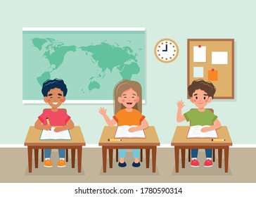 Happy children sitting in class at desks, map behind, back to school concept. Vector illustration in flat style