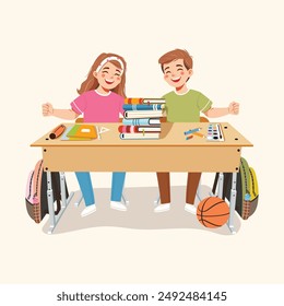 Niños felices sentados en el escritorio en el aula con libros, útiles escolares, baloncesto y mochilas. Concepto de regreso a la escuela. Ilustración vectorial en estilo plano de dibujos animados