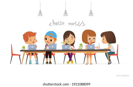 Happy children sitting at laptops and learning programming during school lesson, smiling teacher standing near them. Coding for kids concept. Vector illustration for website, advertisement, poster.