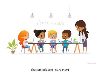 Happy children sitting at laptops and learning programming during school lesson, smiling teacher standing near them. Coding for kids concept. Vector illustration for website, advertisement, poster.