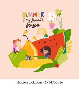 Happy Children Sitting On Big Summer Fruits