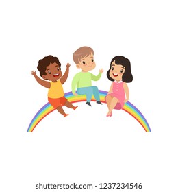 Happy children sitting on the rainbow, cute little kids having fun vector Illustration on a white background