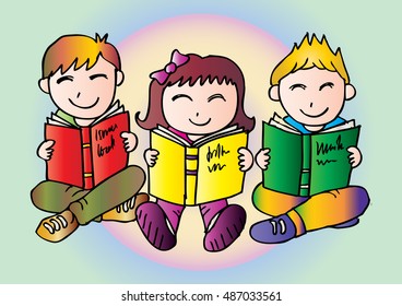  Happy Children Sitting while Reading Books