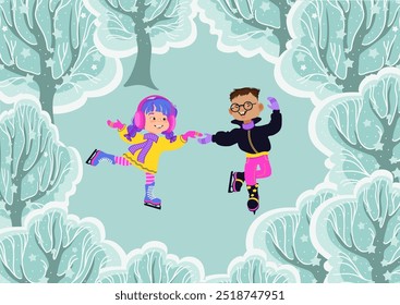 Happy children skating in the snowy park. Winter outdoor activity. Boy and girl in bright winter clothes. Cute little skaters against on the winter forest. Cartoon kids. Vector flat illustration.