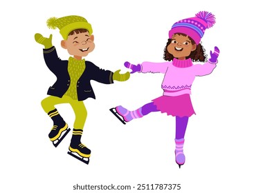 Happy children skating. Winter outdoor activity. Boy and girl in bright winter clothes. Cute little skaters. Cartoon kids isolated on a white background. Hand-drawn flat vector illustration.