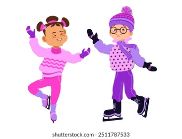 Happy children skating. Winter outdoor activity. Boy and girl in bright winter clothes. Cute little skaters. Cartoon kids isolated on a white background. Hand-drawn flat vector illustration.