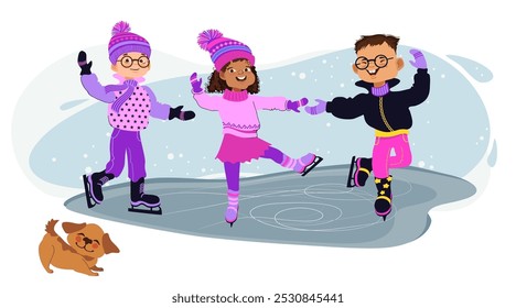 Crianças felizes patinando. Atividades ao ar livre no inverno. Meninos e meninas com roupas brilhantes de inverno. Pequenos patinadores bonitos e um cachorro. Desenhos animados. Ilustração de vetor plana desenhada à mão.