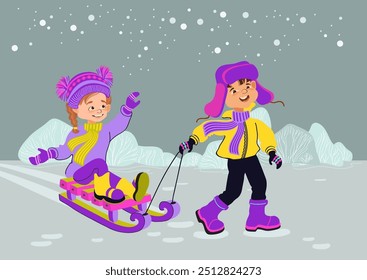 Crianças felizes estão dormindo na neve. Atividades ao ar livre no inverno. Menino e menina com roupas brilhantes de inverno. Criança e trenó. Desenhos animados em uma paisagem de inverno. Ilustração de vetor plana desenhada à mão.