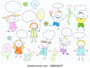 Niños felices. Niñas y niños sonrientes con burbujas de habla cómica. Esbozo vectorial en estilo doodle en la página del bloc de notas