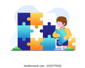 Happy Children Solve A  Jigsaw Puzzle. Preschool Children Playing Simple Puzzle. 
Can Be Used For Web, Banner, Flyer, Presentation, Etc.