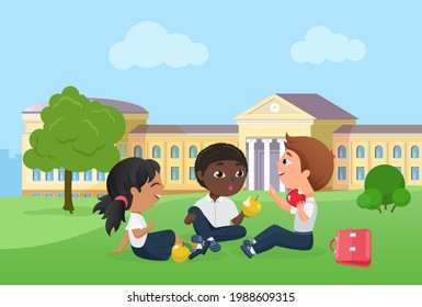 Happy children spend fun time together after school lessons vector illustration. Cartoon girl boy child characters sitting on picnic on lawn in front of school building, students talking background