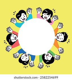 Happy children standing in a circle: cheerful smiles and circular background with copy space