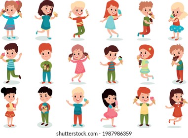 Happy Children Standing and Holding Ice Cream in Waffle Cone and on Stick Vector Illustration Set