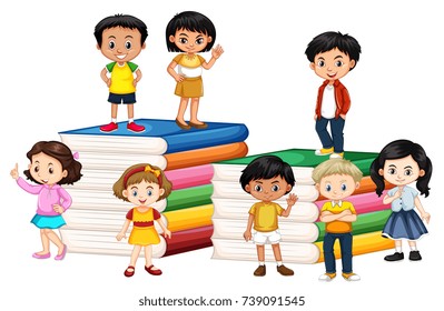 Happy children standing on books illustration